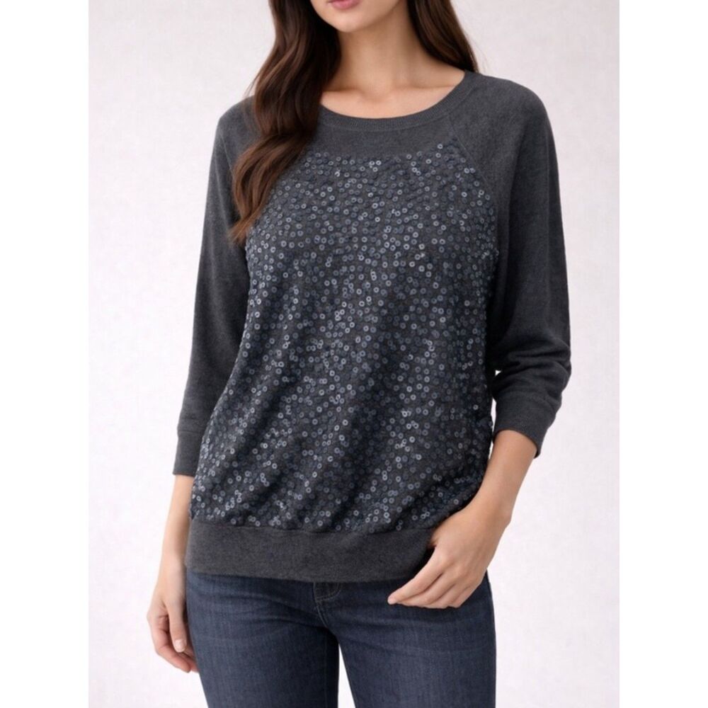 Loft Sweater Charcoal Gray Sequined 3/4 Sleeve Tunic Pullover Women’s Size Large